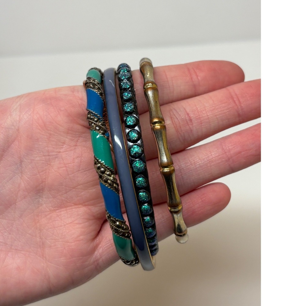 Vintage Style Bangle Bracelet Set 4pc Blue Teal Bamboo Enamel Glitter Stackable